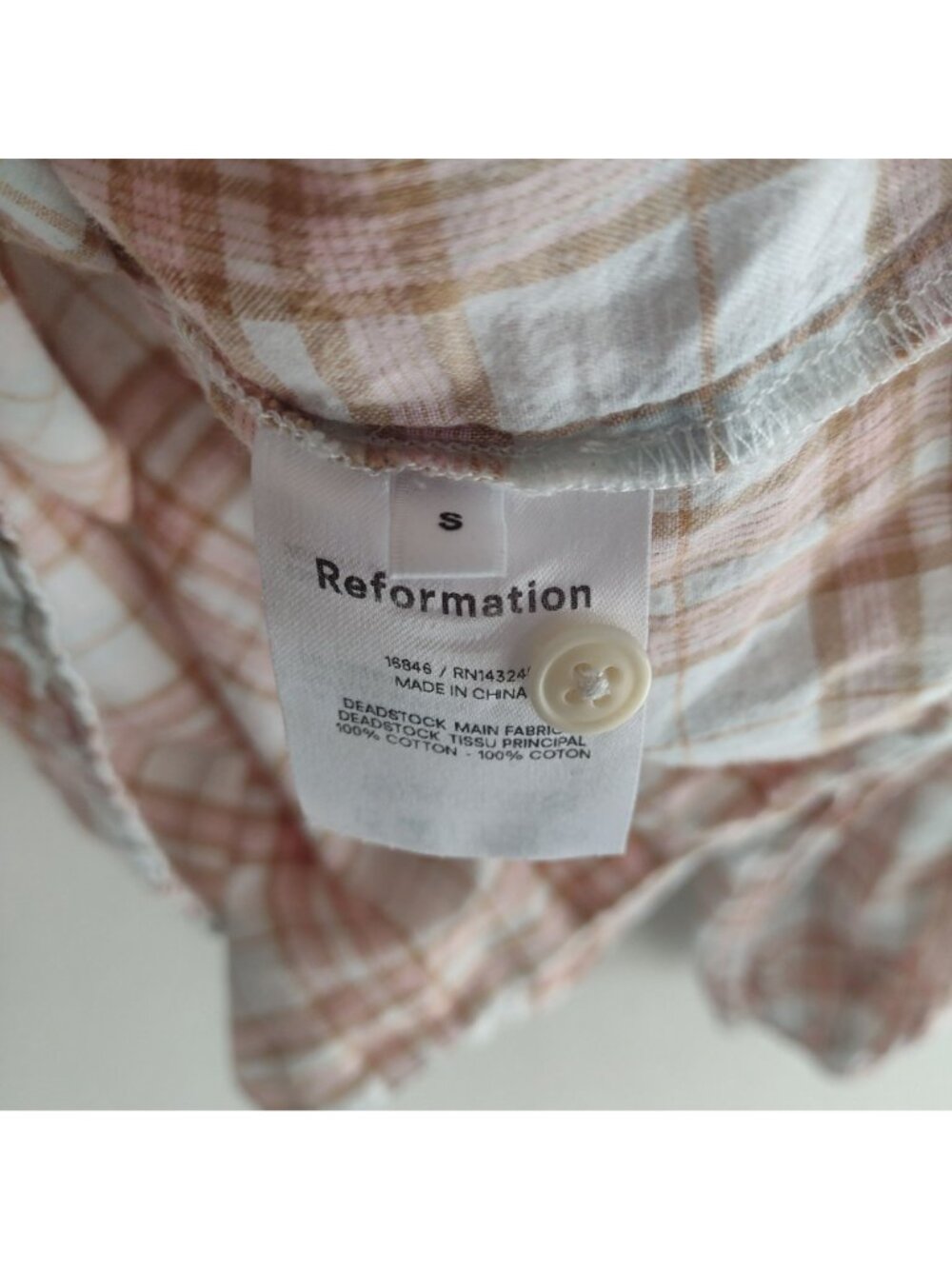 Reformation Plaid Blouse S Soft Peach Tan Light Academia Cotton Top - Picture 2 of 10